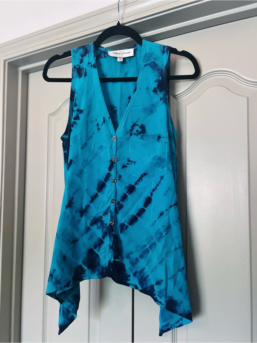 Fifteen Twenty 100% Silk Blue Tie Dye Handkerchief Hem Tunic Top XS Boho